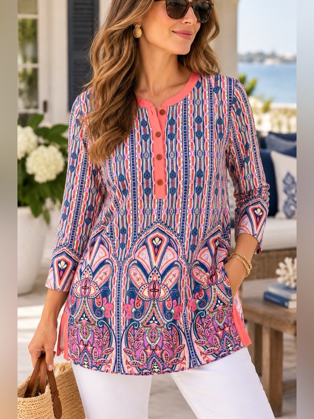 J McLaughlin Biscayne Catalina Cloth Coral Navy Paisley Tunic Top L
